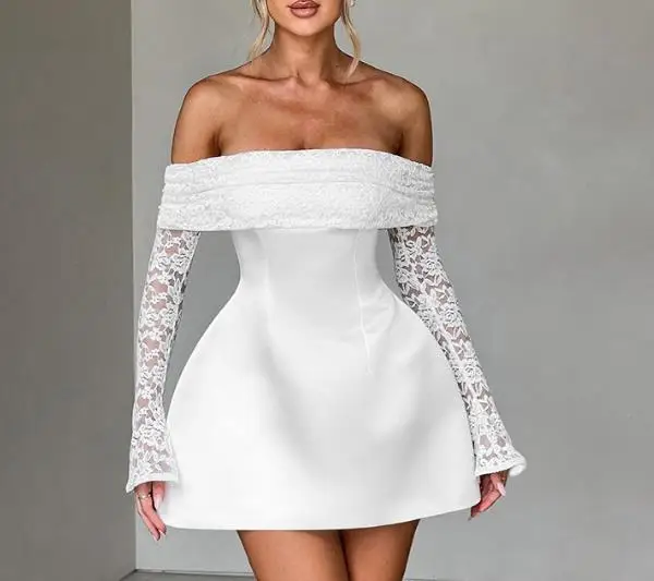 

2025 Summer New Women's One Shoulder Strapless Long Sleeved Sexy Slim Lace A-Line Dress