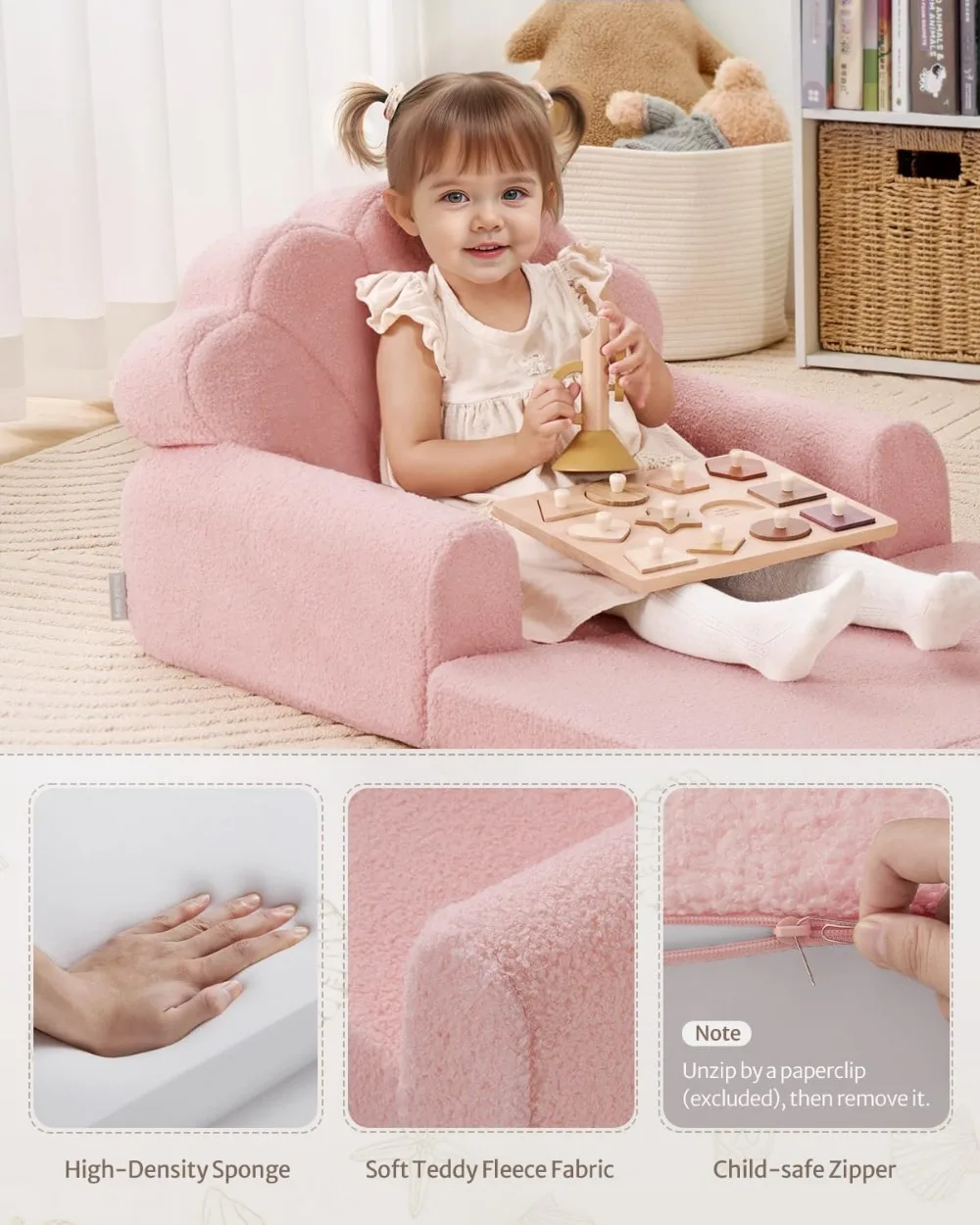 Sofá e espreguiçadeira infantil 2 em 1, sofá conversível para crianças com capa lavável, design de concha rosa macia para sala de jogos
