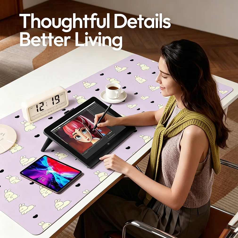 Leather Desk Pad Protector Purple Bunny Love Heart Y2K Kawaii Mouse Pad Office Desk Mat Waterproof Non-Slip PU Desk Blotter Pad