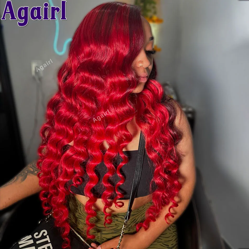 

200% Density Red Burgundy 13X6 Human Hair Loose Deep Wave Lace Frontal Wigs Brazilian 13x4 Loose Curly Ready Go Wigs For Women