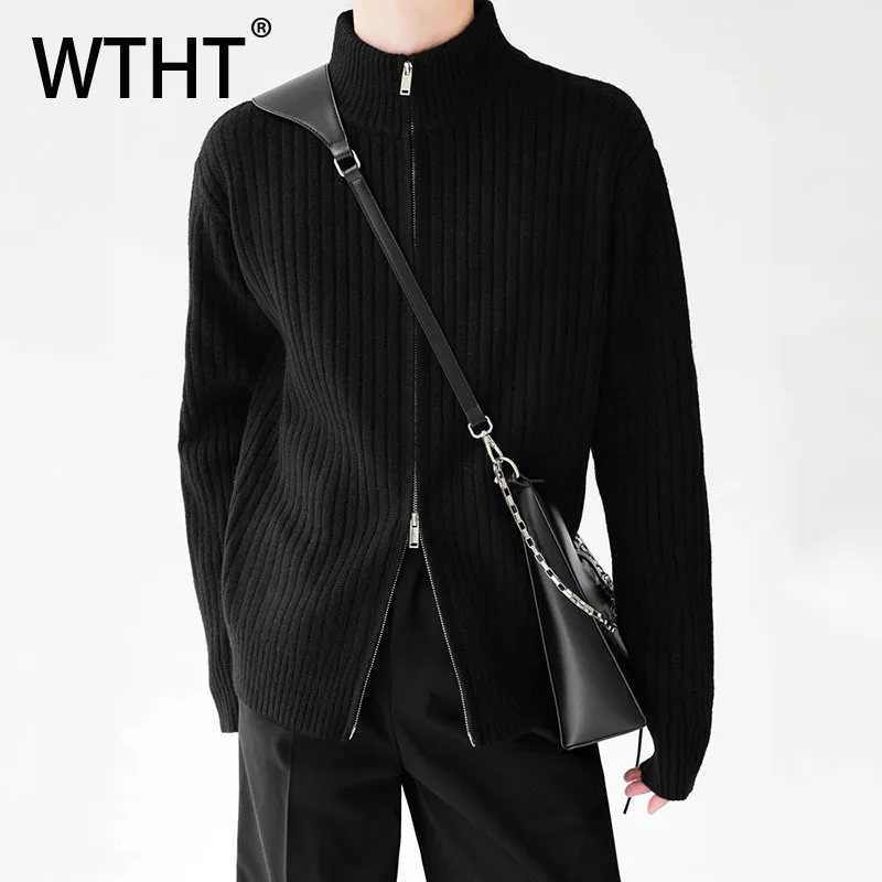 

WTHT модный мужской текстурированный однотонный свободный вязаный свитер модный воротник-стойка двойная молния пальто мужской 2200 осень 2A2023