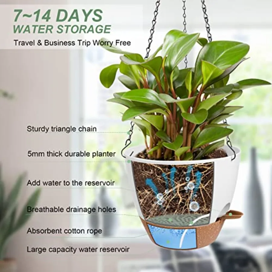 Maceteros colgantes para plantas de interior y exterior, paquete de 2 macetas colgantes de autorriego con orificios de drenaje, bandeja extraíble, color blanco, 8''