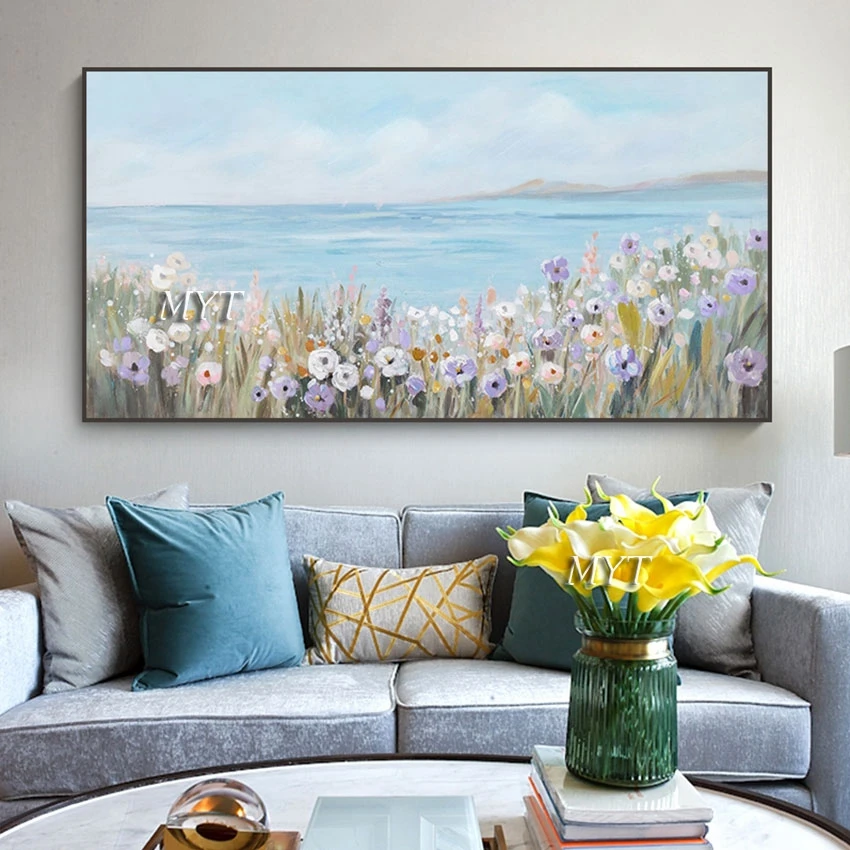 Handpainted Oil Painting on Canvas New Handmade Knife Flower Oil Painting Small White Flowers by the Lake Home Decoration