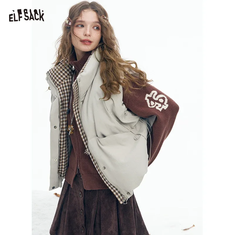 ELFSACK Polyester Long Solid Color Zippered Hooded Down Coat For Woman