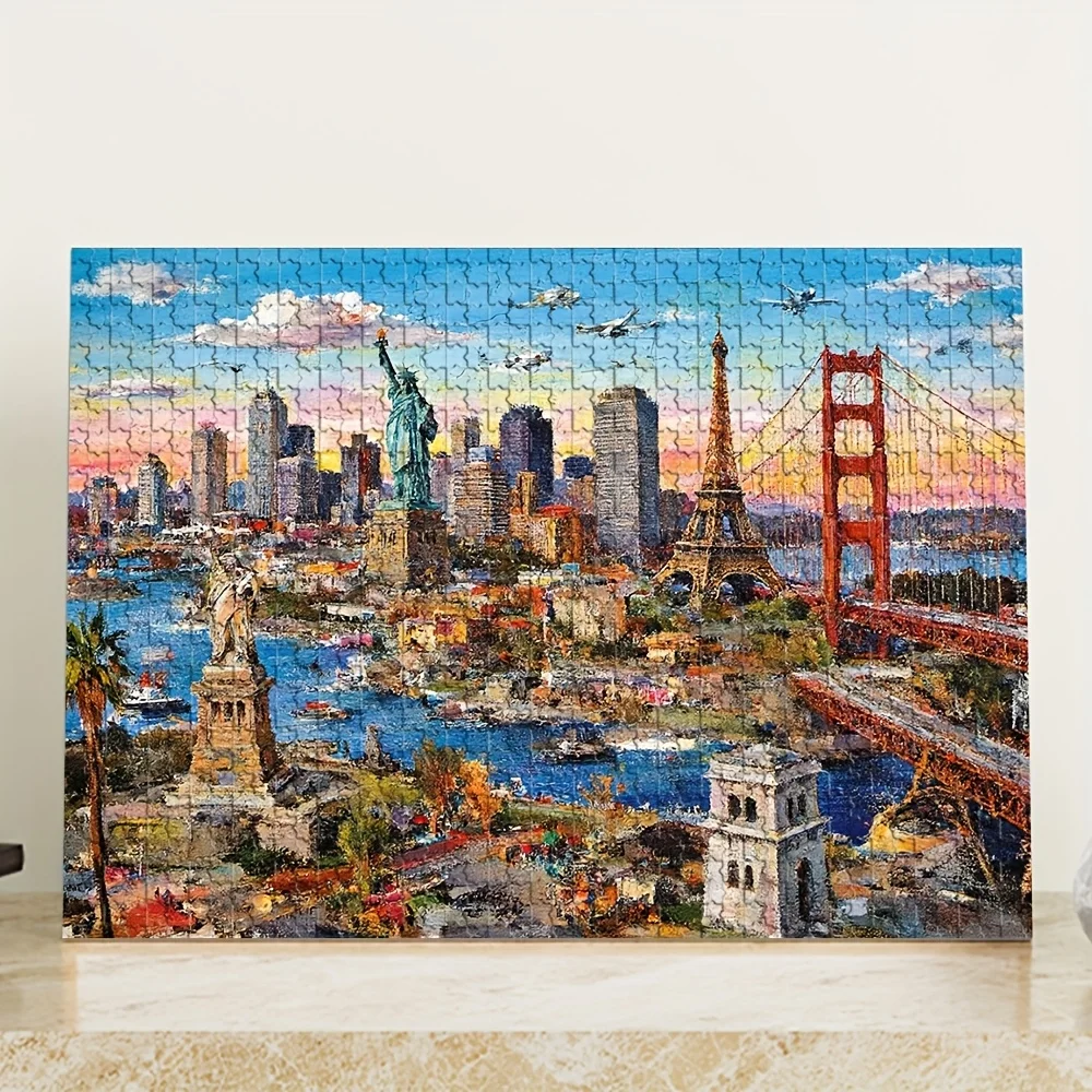 จิ๊กซอว์ภาพทิวทัศน์เมือง 1000 ชิ้น ซานฟรานซิสโก ปารีส นิวยอร์ก - สะพานโกลเด้นเกต อนุสาวรีย์เทพีเสรีภาพ และหอไอเฟล จิ๊กซอว์แผนที่ขนาดใหญ่