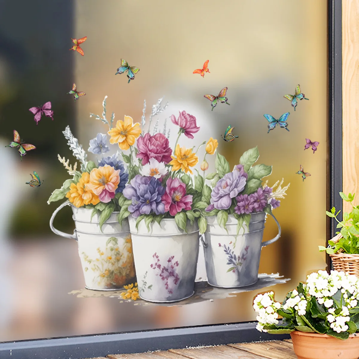 

Potted Flowers Butterfly Wall Decals Window Glass Cling Stickers Garden Floral Plants Art Home Decoration Art Mural Poster