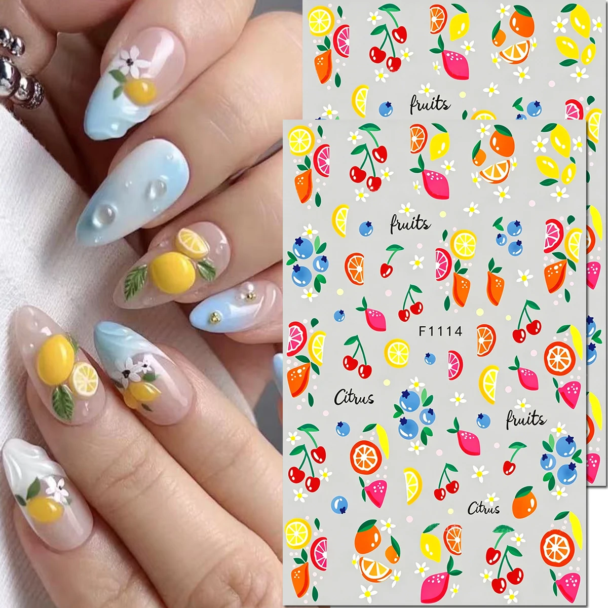 2-Sheets Summer Fruits Flowers Lemon Cherry Blueberry 3d Nail Stickers Nail Decals Nail Art Decals Manicures Tips DIY
