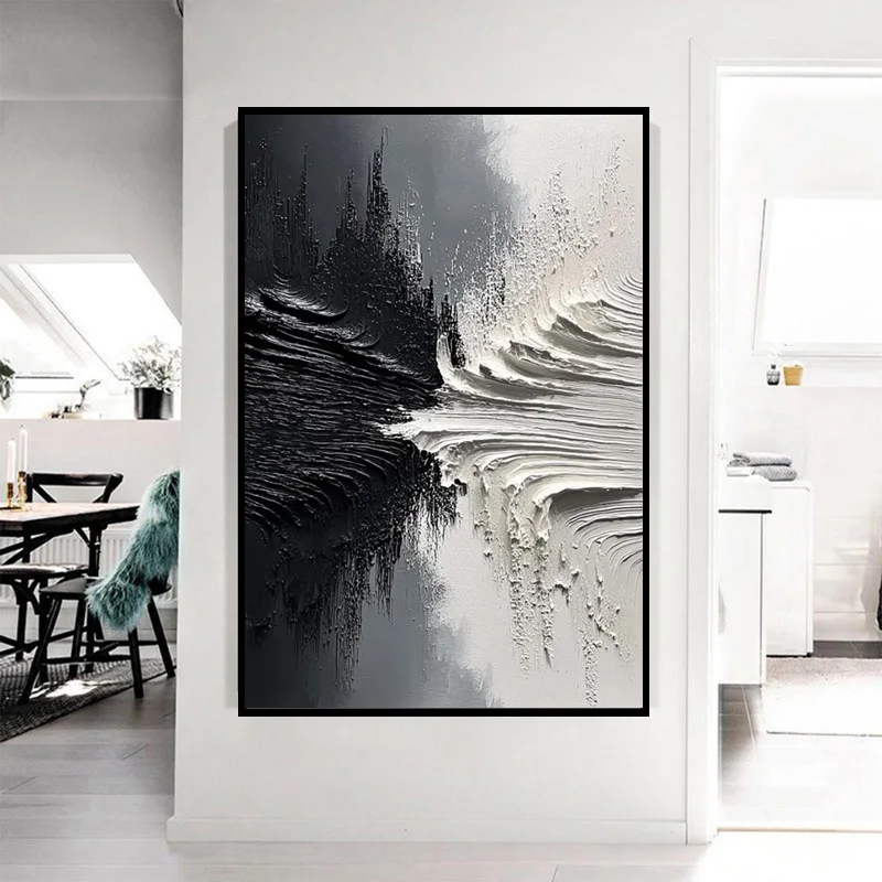 New Popular Black And White Thick Artwork On Canvas Abstract Hand Drawn Pure Black Texture Oil Painting For Decor Original Artwo
