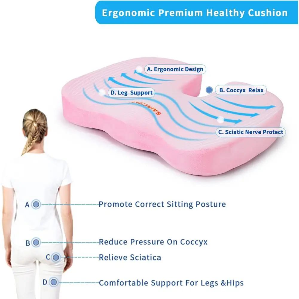 Pink Coccyx Cushion for Office and Car Seats, Memory Foam Support for Sciatica and Tailbone Pain Relief, Promotes Correct Postur