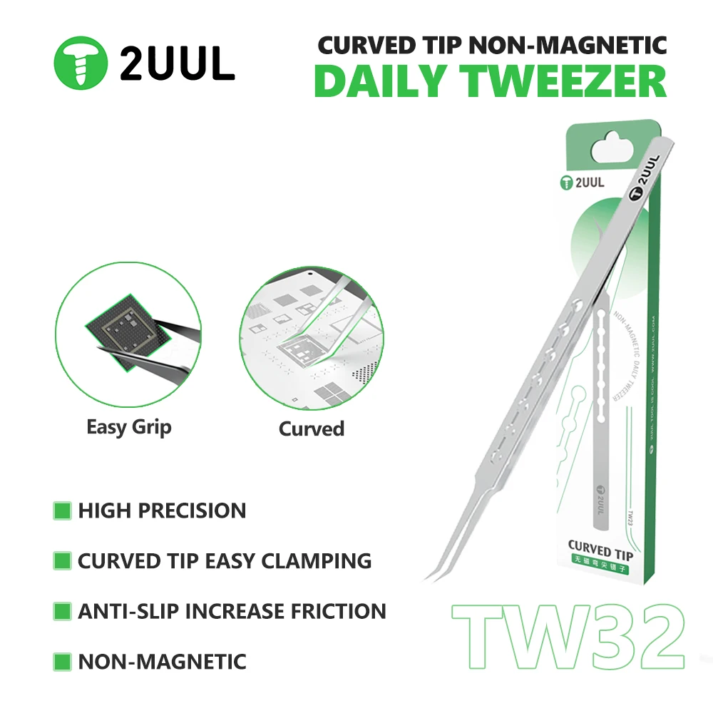 2UUL TW23 Curved Tip Non-Magnetic Precision Tweezers Anti-Slip Stainless Steel for PCB BGA IC Chip Mobile Phone Repair Tool Kit