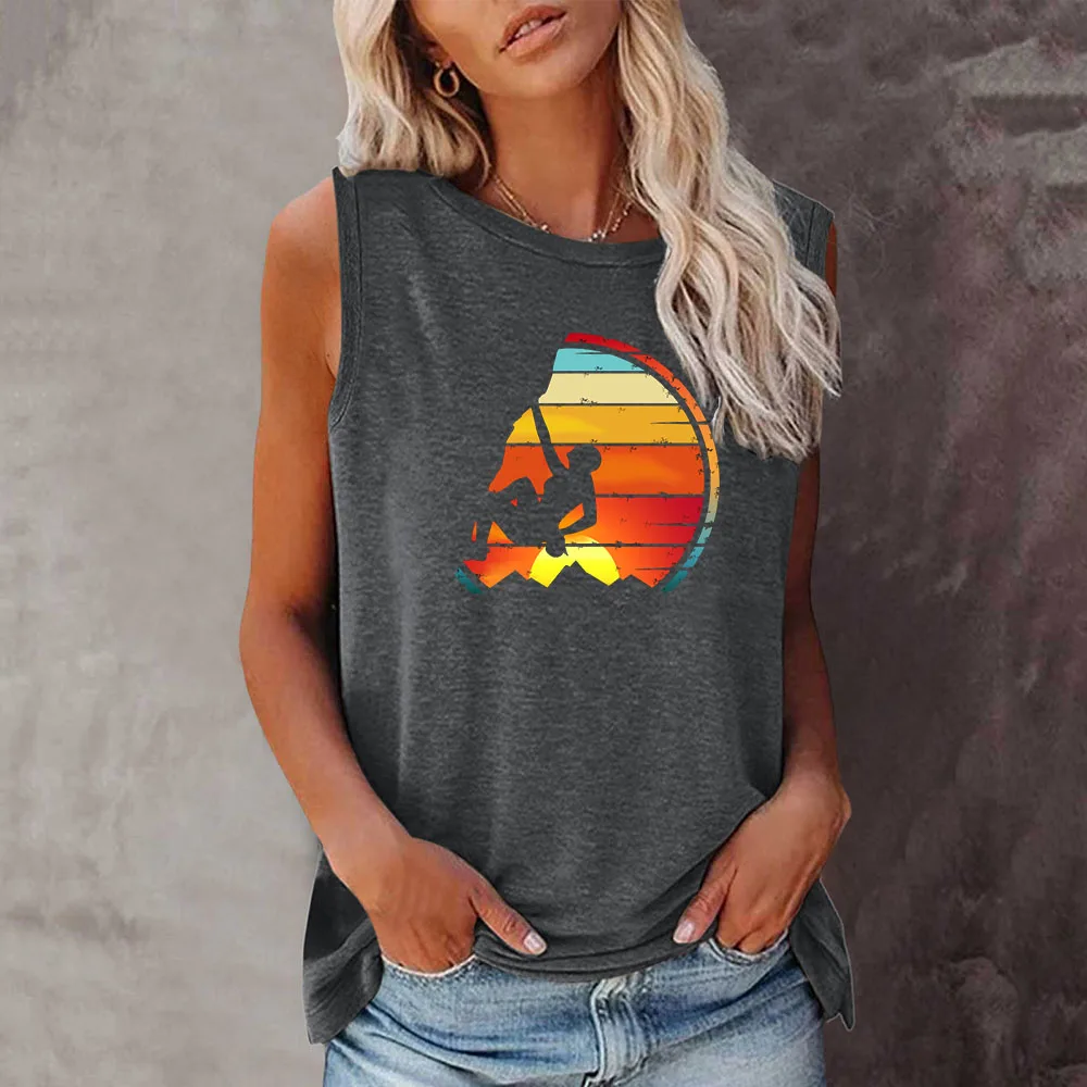 Seeyoushy Sunset Climbing Summer Fashion Women's Sleeveless O-neck T-shirt Women's Top T-shirt Printed Top Women's Clothing Tops