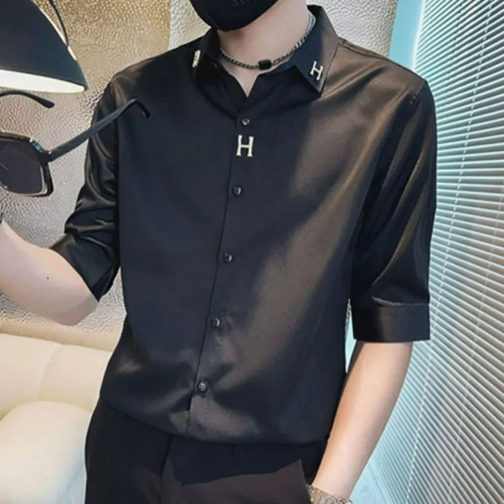 Casual Outings Button Up Short Sleeves No Ironing Shirt Comfortable Breathable Ice Silk Shirt Button Black Brand New Condition