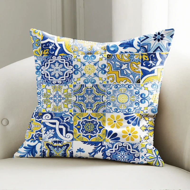 

Blue Yellow Tile Pattern Pillow Cover, Vintage Floral Print Cushion Case, Boho Sofa Bedroom Decor Pillow