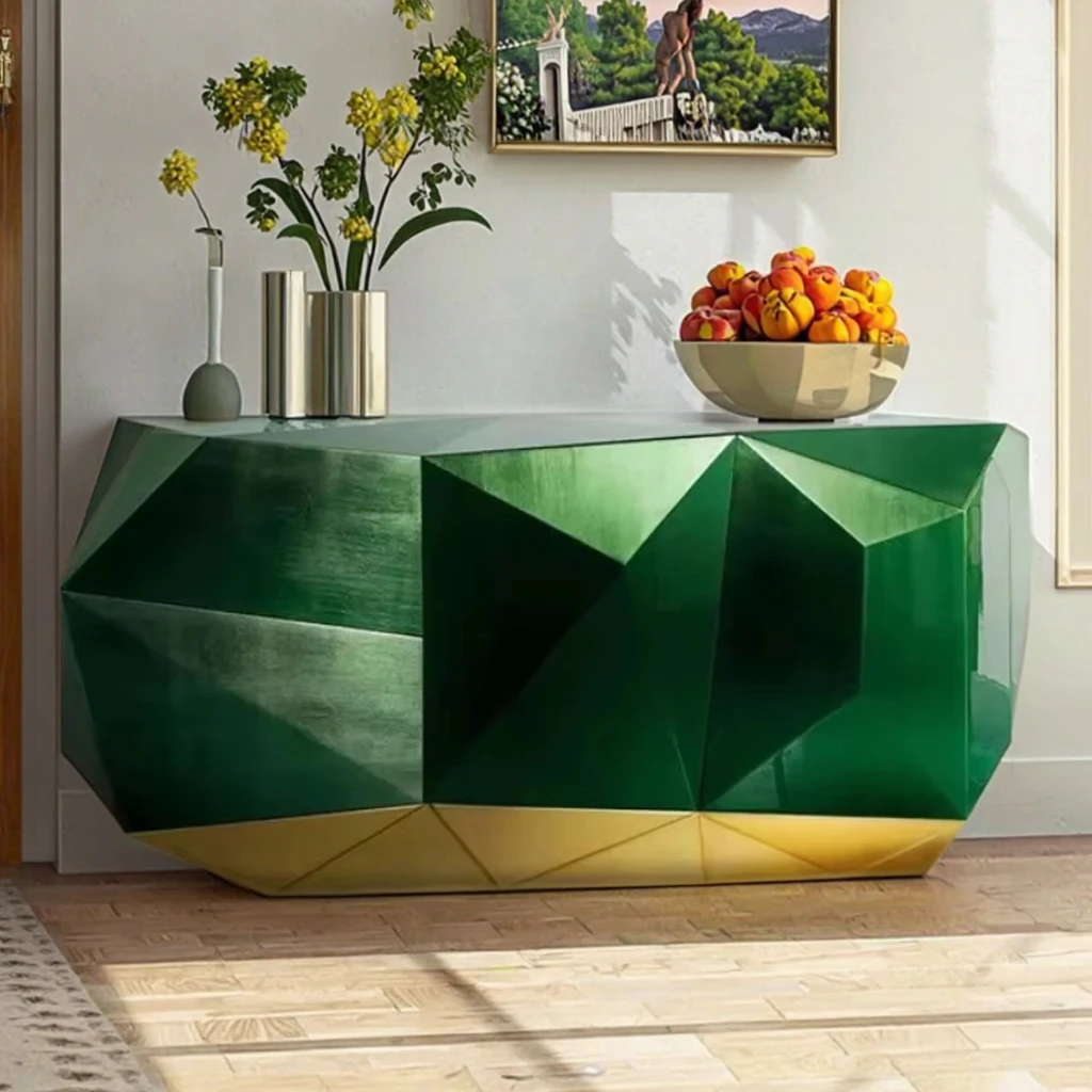 

！@Italian Luxury Solid Wood Entrance Cabinet Premium Sideboard Diamond Creative Art Design Baking Paint Finish for Home Furnitur