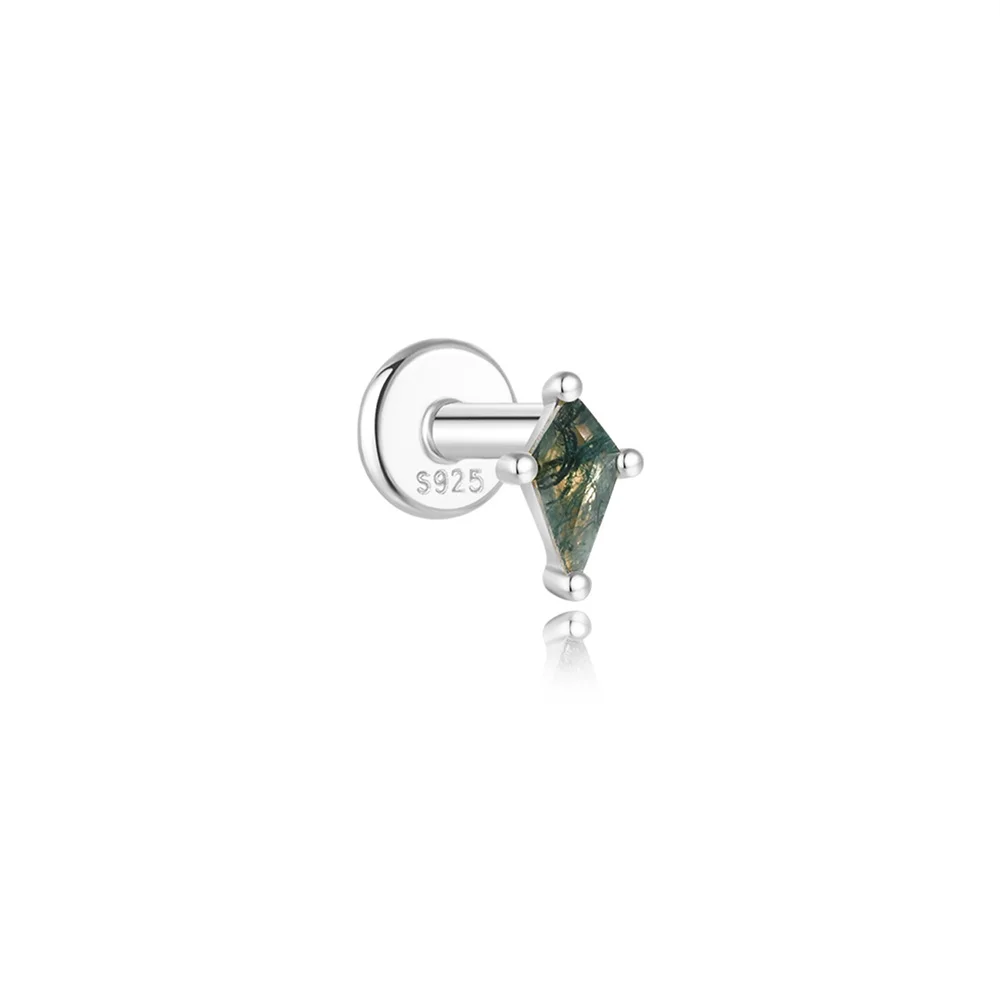 AIDE Wasser Gras Achat 925 Sterling Silber Flachkopf Faden Piercing Ohrring Grünes Moos Piercing Ohr Knochen Ohrring Schmuck 1 Stück