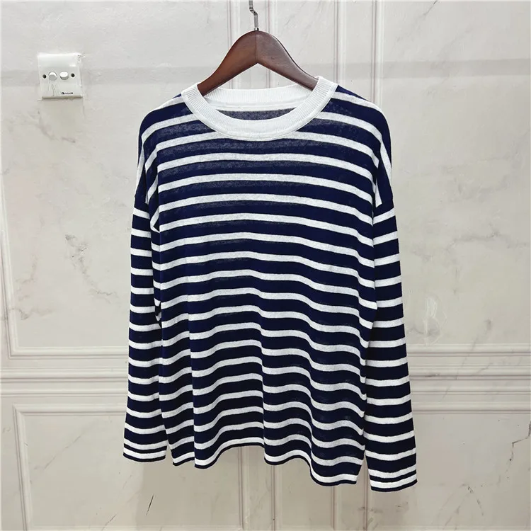 

Льняная трикотажная футболка свободного кроя с длинным рукавом, с эффектом похудения, в полоску, в морском стиле, женская повседневная удобная блузка
