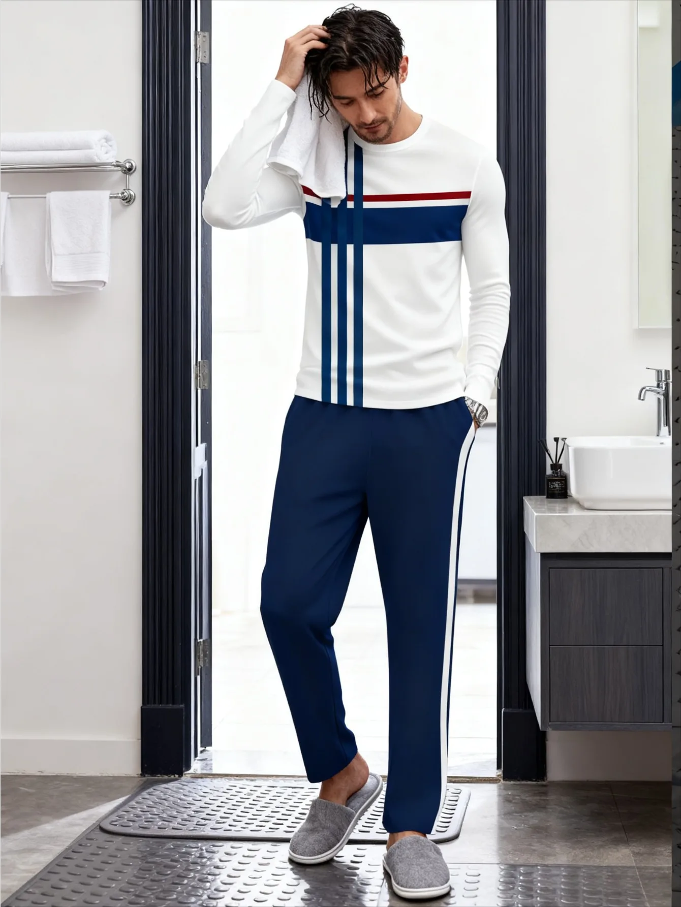 طقم بغطاء للرأس عصري مطبوع رقميًا للرجال مكون من قطعتين