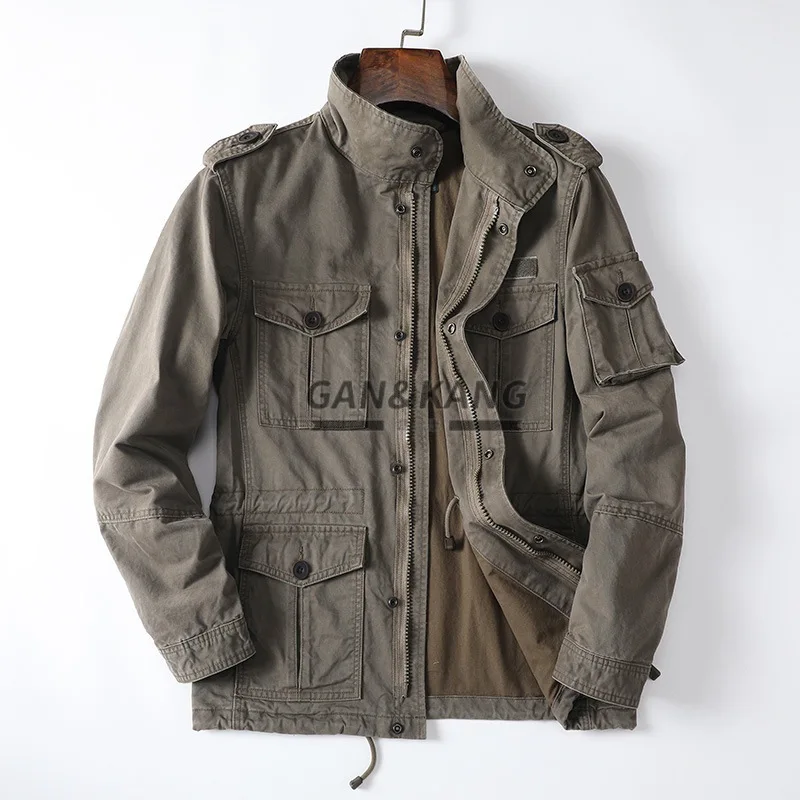 European and American Plus Size Autumn Stand Collar Cotton Jacket for Men Loose-Fit Outdoor Multi-Pocket Workwear Men's Coat