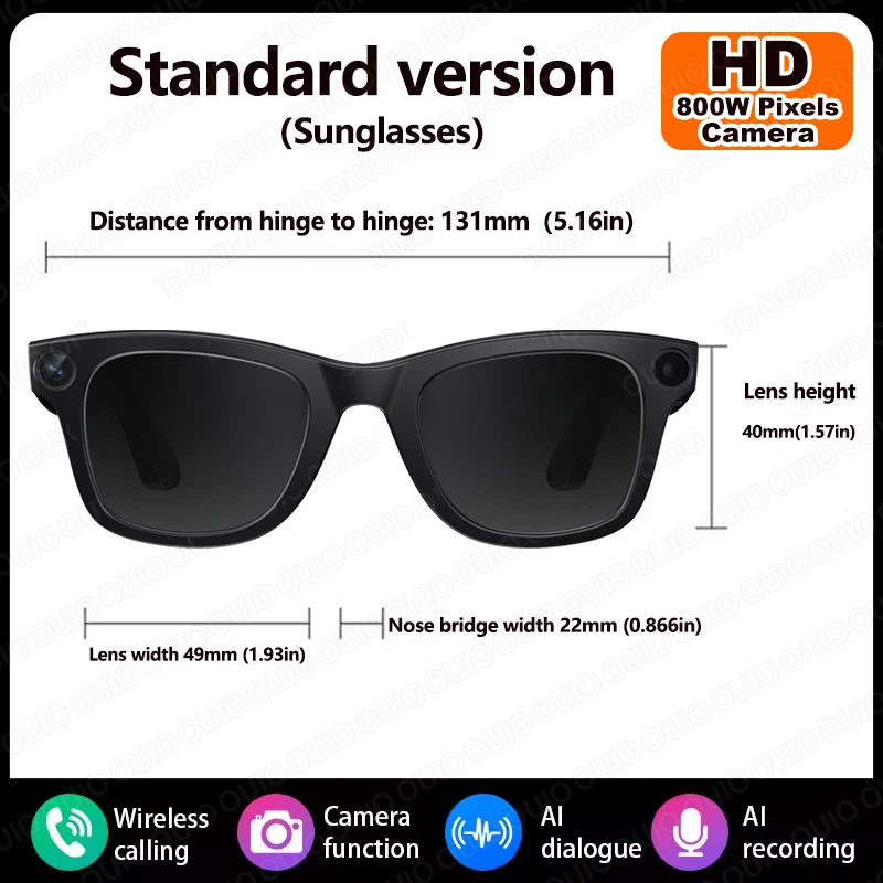 1080P HD 800W Camera Smart Glasses Video Record Translation AI Smart Touch Control Type-C Interface Smart Glasses Bluetooth Call