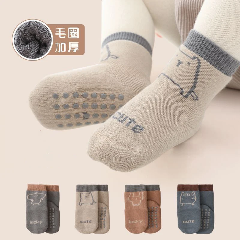 4 Pairs Baby Socks Autumn Winter Fleece Lined Thickened Anti-Slip Cartoon Floor Socks Mid Tube Newborn Kids Socks