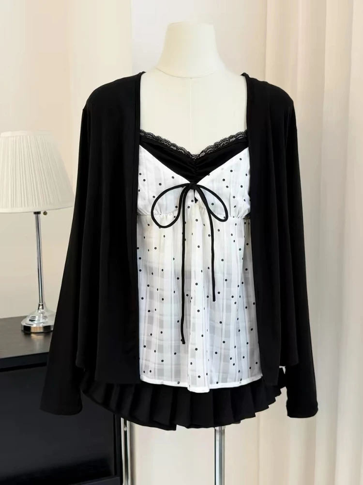 Süßes Trendiges Zweiteiler-Outfit für Damen Retro Polka Dot Ärmellose Weste Kurze Strickjacke Hemden Y2K Ostenasiatische Tägliche Streetwear