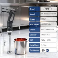 Commercial immersion blender for restaurant kitchen use, SUS 304 stainless steel shaft, silver, 500W power with variable speed 5