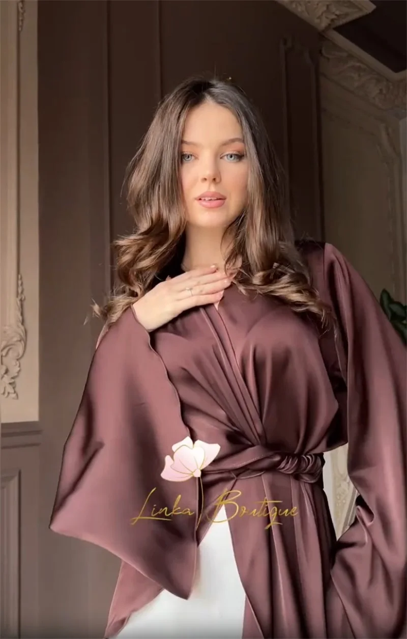 Bruin satijnen galajurk 2-delig blazer + rok damespak rok set volledige mouw lange gewaden formele optocht feest bruiloft avondjurk