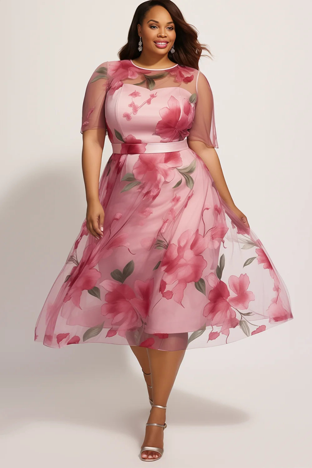 Plus Size Wedding Guest Pink Floral Round Neck Short Sleeve See Through Chiffon Midi Dresses