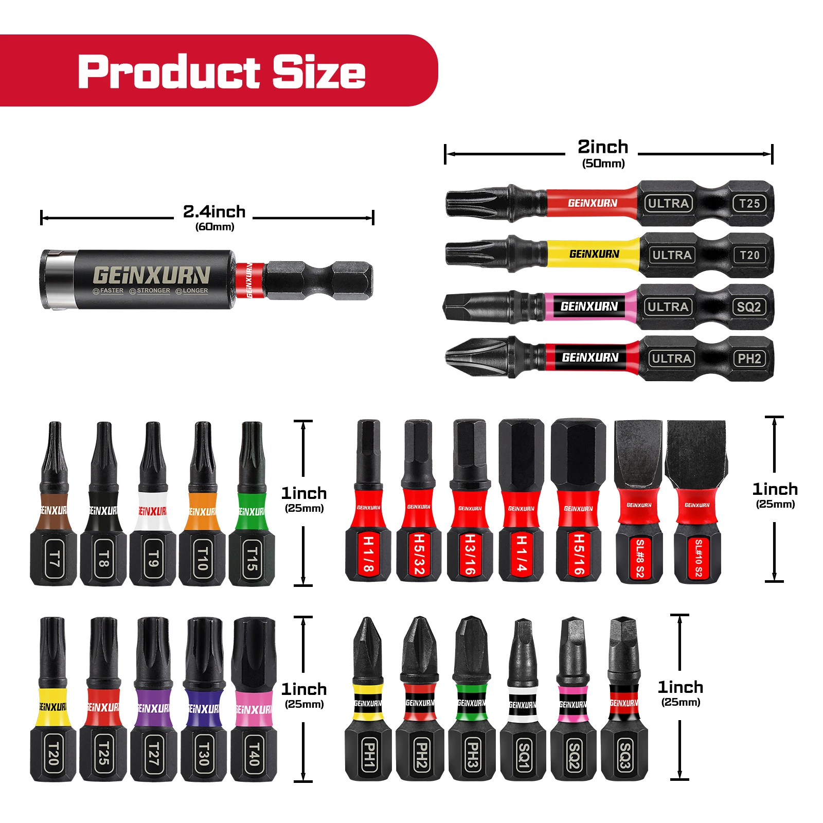 Geinxurn 25-teiliges Schlagschrauber-Bit-Set mit extremem Drehmoment, gemischte Bitspitzen mit mehreren Einsatz, Bithalter und Aufbewahrungskoffer