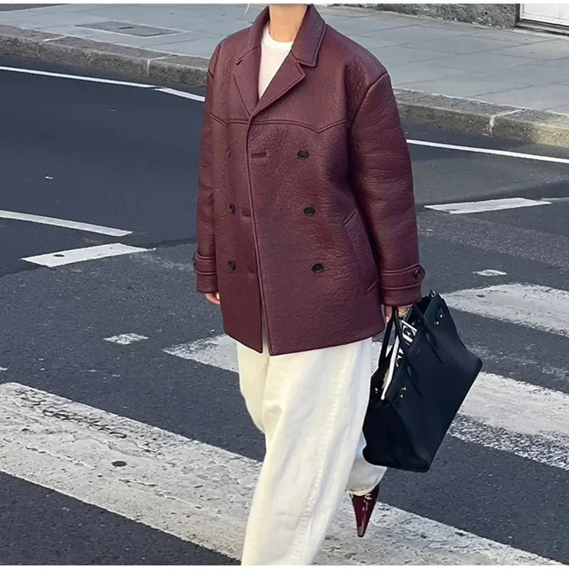 Fashion Double Breasted Burgundy Color Lychee Leather Jackets Women Chic Cropped Oversized Solid Coats Lady High Streetwear 2024