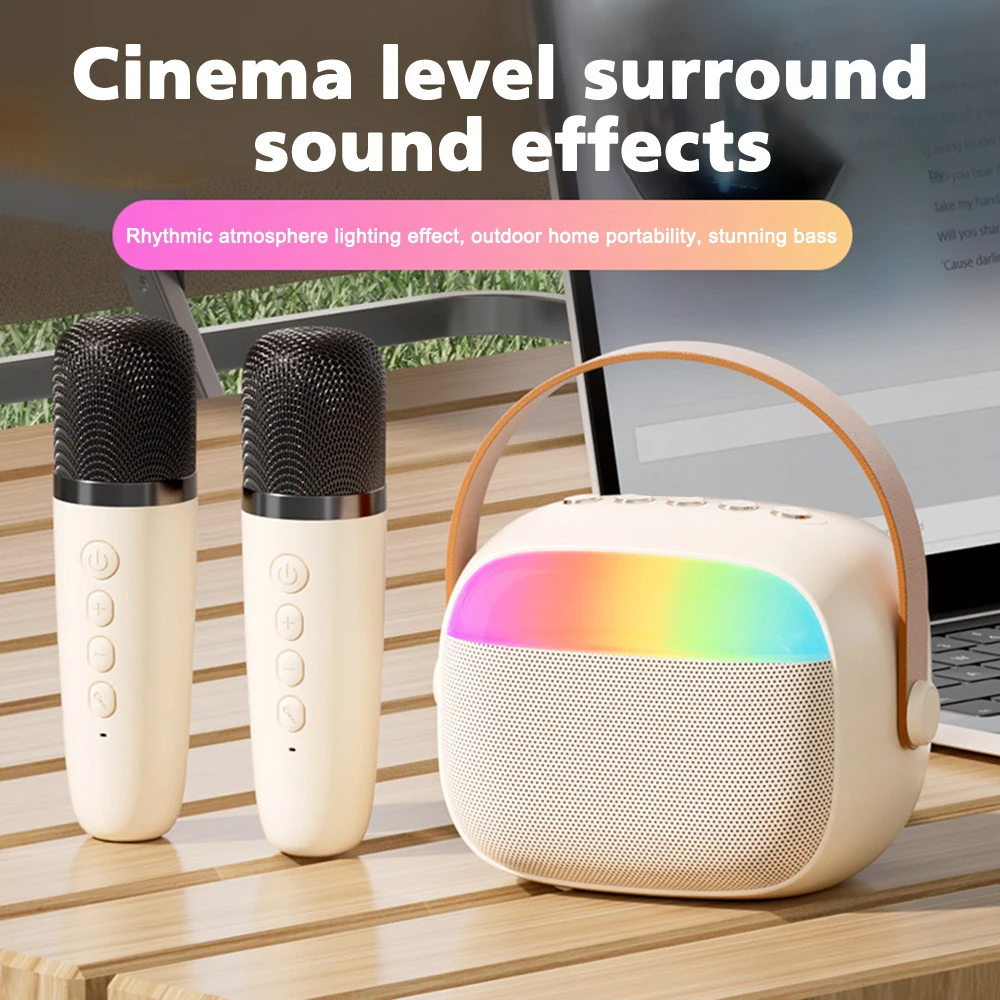 Microphone Karaoke Machine Bluetooth Speaker 5.3 System with 2 Wireless Mic RGB Light Home Family Singing Speaker Kid Gift