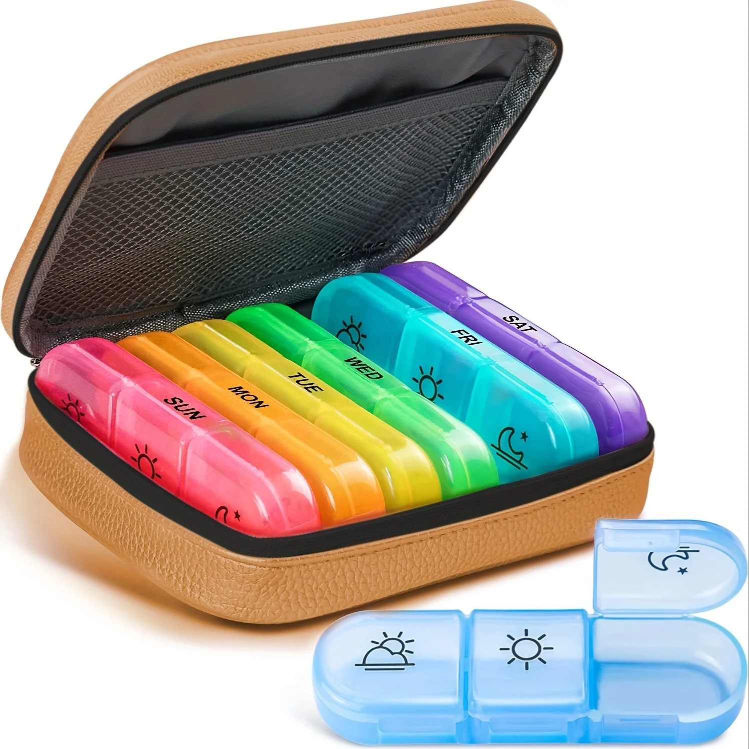 Weekly Pill Organizer 3 Times a Day, Portable 7 Day Pill Box with a PU Leather Bag for Travel, Fish Oils, Supplements, Pink