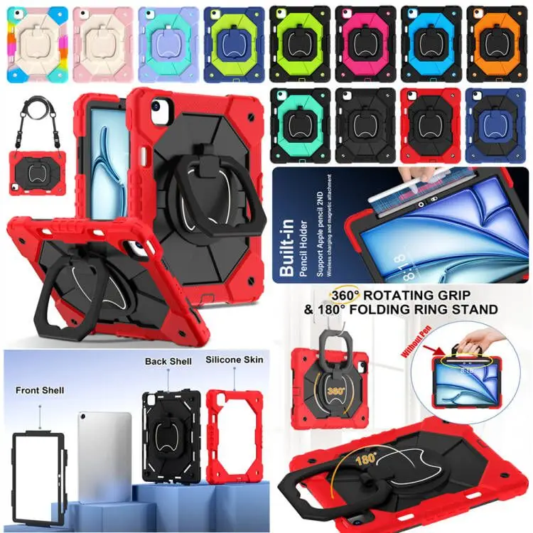 For iPad Pro 11 inch 2024 Shoulder Strap Multiple Protection Case With Pen-Holder 360 Rotating Bracket Contrast Color Cover