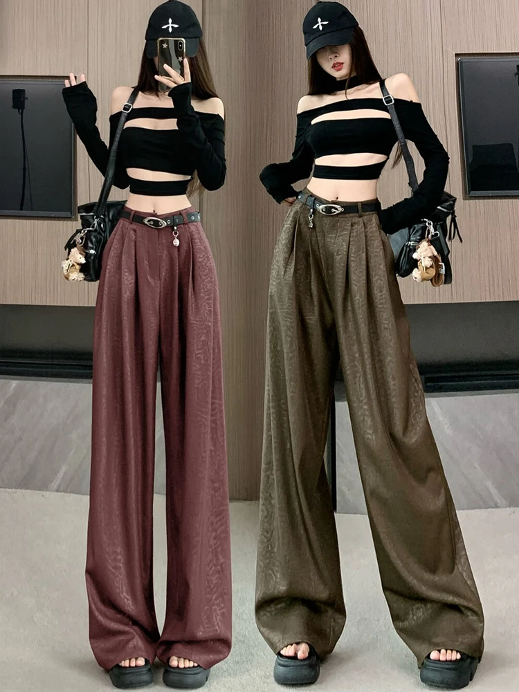 

High-end suit pants women in spring design dark patterns high waisted and wide leg pants hanging feel straight leg pants