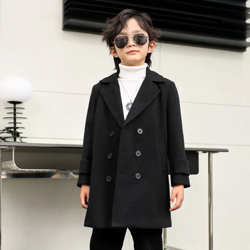 OLEKID Jungen Herbst Winter Doppelreihiger Mantel Kinder Einfarbige Wolljacke Kinder Oberbekleidung Kleinkind Teenager Überziehmantel 2-14 Jahre – Detail 9