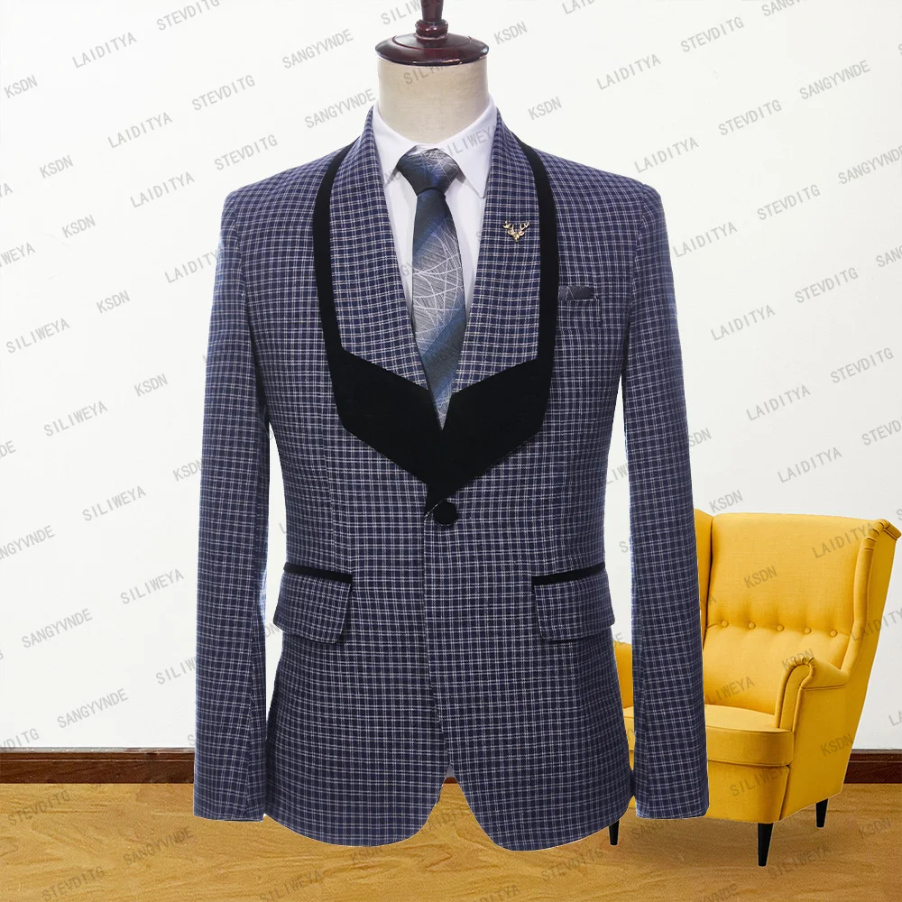 

2023 New Summer Men Wedding Party Blue White Reto Classic Plaid Black Shawl Lapel Jacket Fashion Slim Fit Suit Blazer Coat