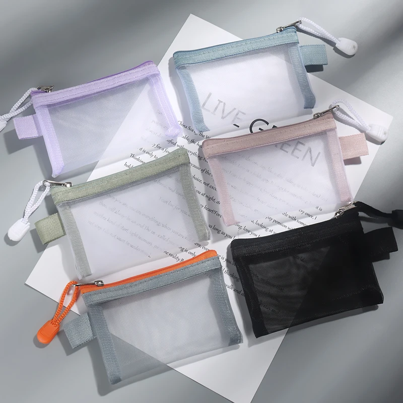 Nylon Mesh Card Storage Bags Mini Transparent Grid Bus ID Credit Card Holder Zipper Pouch Traveling Small Coin Wallet File Bag