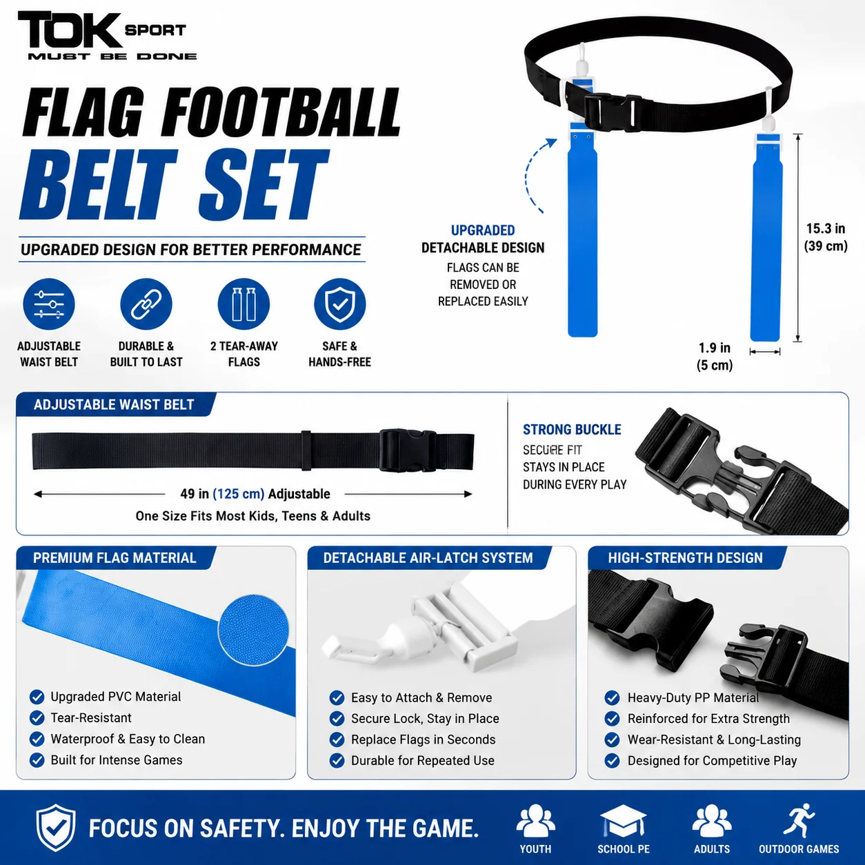 Flag Football Belt Set with 2 Detachable Flags, Adjustable Waist Belt for Kids Adults, Youth Training Gear