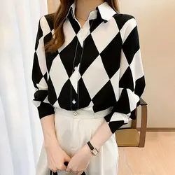 Women'S Shirt Fashion Diamond Check Print Lapel Button-Down Shirt Women'S Elegant Long Sleeve Evening Dress Summer Casual Wear