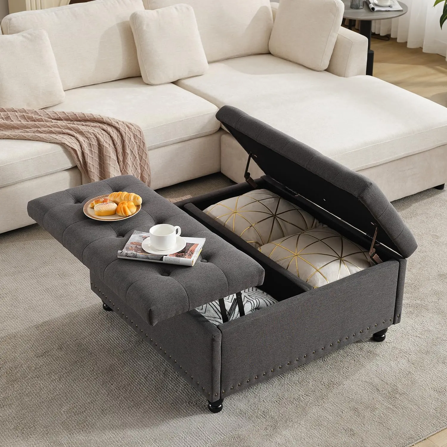 

35.5'' Large Square Storage Ottoman, Oversized Coffee Table With Lift Top & Solid Wood Legs, Transitional Tufted Upholstered Ott
