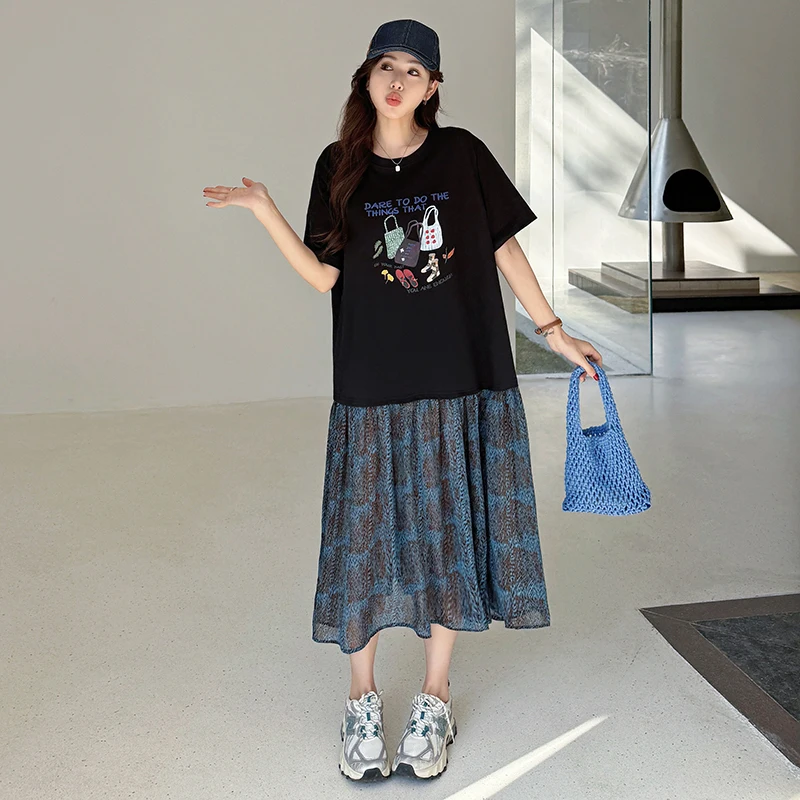 女性用ルーズTシャツドレス,花柄パッチワーク,黒婦人服,新品,夏,ke6834,2020