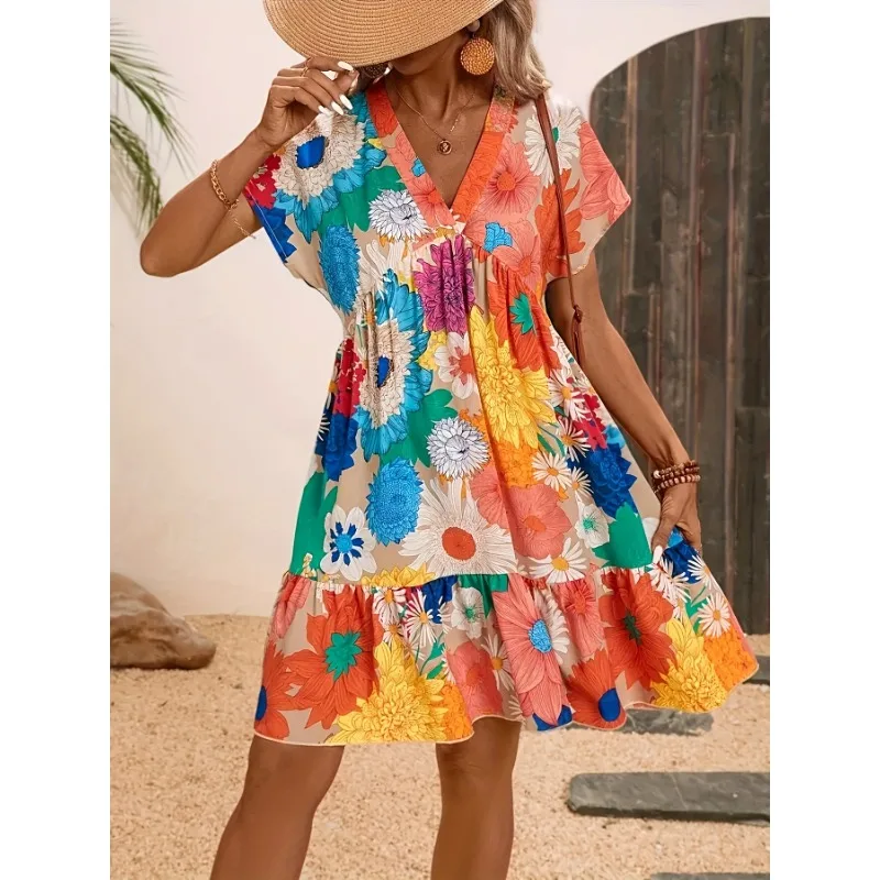 Abito da donna con stampa floreale con scollo a V alla moda taglie forti 1XL-5XL Abito casual elegante e confortevole da donna