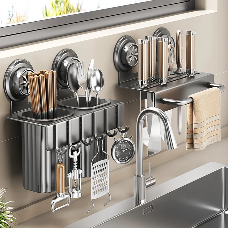 Suction Wall‑Hung Kitchen Cutlery Storage Rack Multislot Knife Organizer with Hooks for Spoon Household Kitchen Gadget
