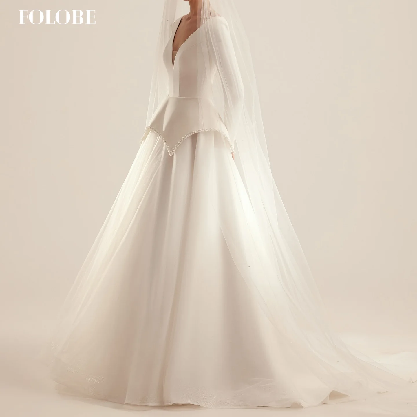 فستان زفاف FOLOBE أبيض بدون حمالات على شكل حرف v وأكمام طويلة لؤلؤ بسيط على شكل حرف a فساتين زفاف الأميرة العروس امرأة مخصصة #1