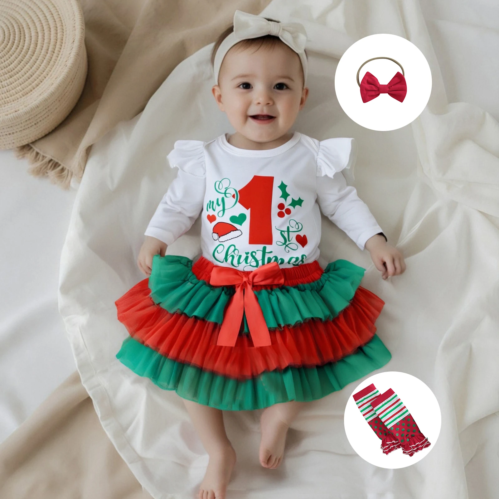 طفل الفتيات عيد الميلاد الزي طويلة الأكمام رومبير + الطبقات تنورة السراويل + عقال + تدفئة الساق مجموعة ملابس الرضع