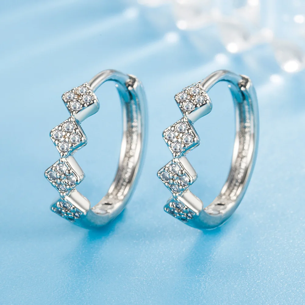 Korean Rhombic Zircon Small Hoop Earrings Round Crystal 925 Silver Needle Loop Ear Rings for Women Wedding Party Jewelry