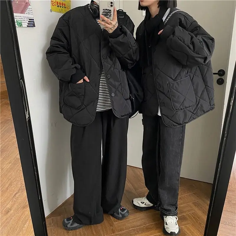 

Мужская зимняя утепленная хлопковая куртка большого размера с ромбовидным узором, без подкладки, свободного кроя, для пар, повседневная верхняя одежда