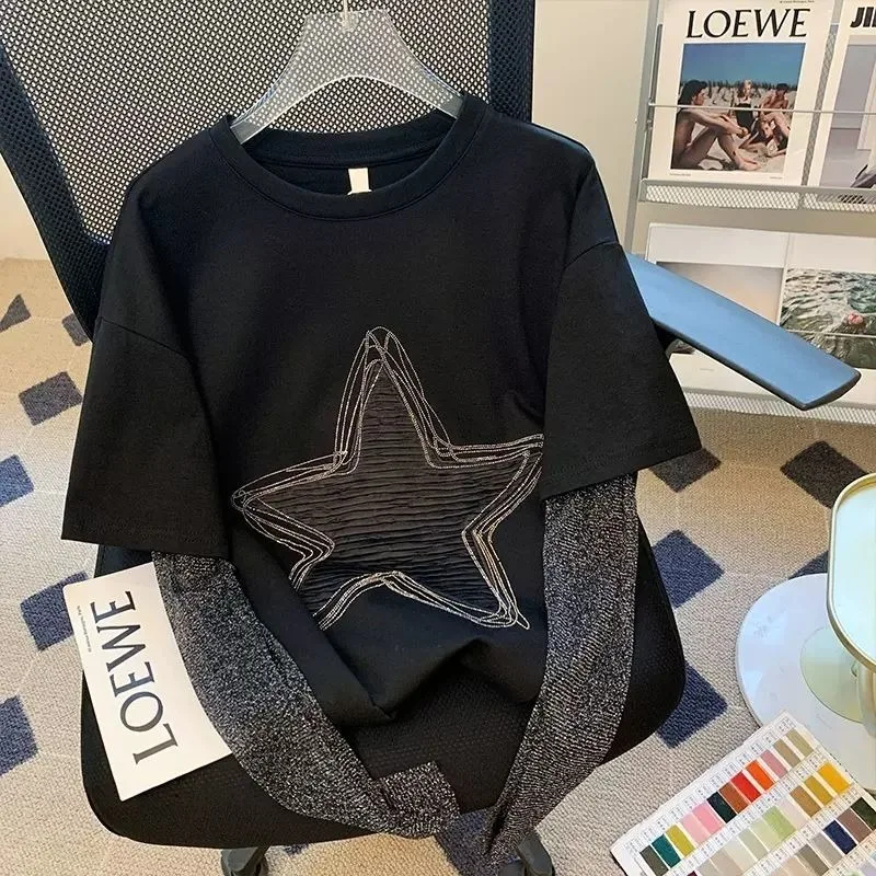 

Versatile Black Fake Two-piece Long Sleeved T-shirt for Spring and Autumn Hot Selling Loose Design Niche Trendy Shoulder Top