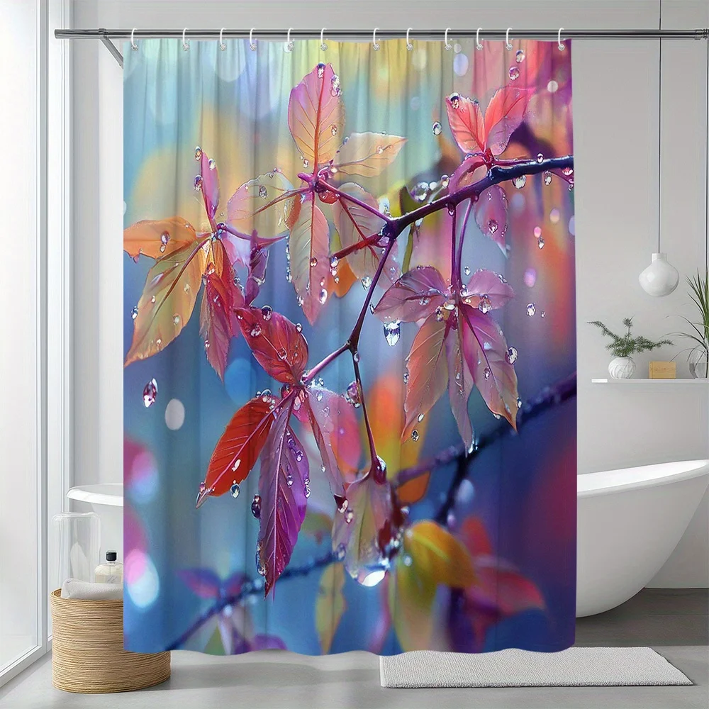 ستارة دش بأوراق الندى النابضة بالحياة - فن طبيعي ملون لديكور الحمام الحديث، تصميم مقاوم للماء وسهل العناية #2