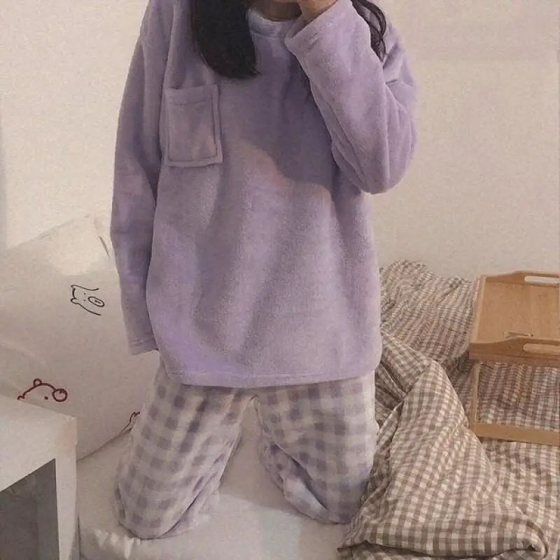 

coral fleece Women's pajamas girl autumn winter fleece-lined Sleepwear sweet thicken Pajama Set flannel new model homewear suit